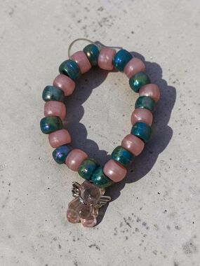 Handmade Pink and Teal Beaded Hoop Earring with Pink Bear Charm